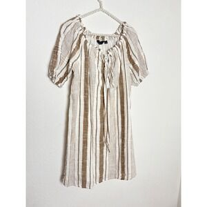 Mlle Gabrielle Striped metallic Peasant Dress M White Brown Gold  Boho Mini